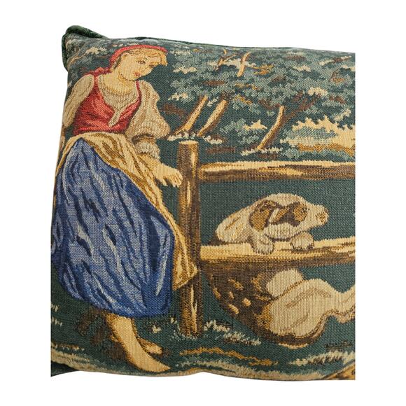 Country Scene Tapestry Girl sitting on Fence Farm Animals Dog Throw Pillow 14" - Picture 2 of 5